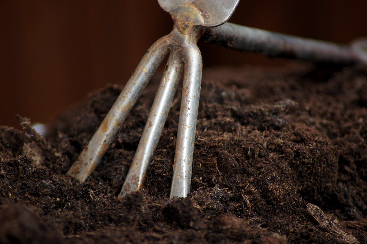 Une griffe de jardin est utilisée pour aérer le compost.
