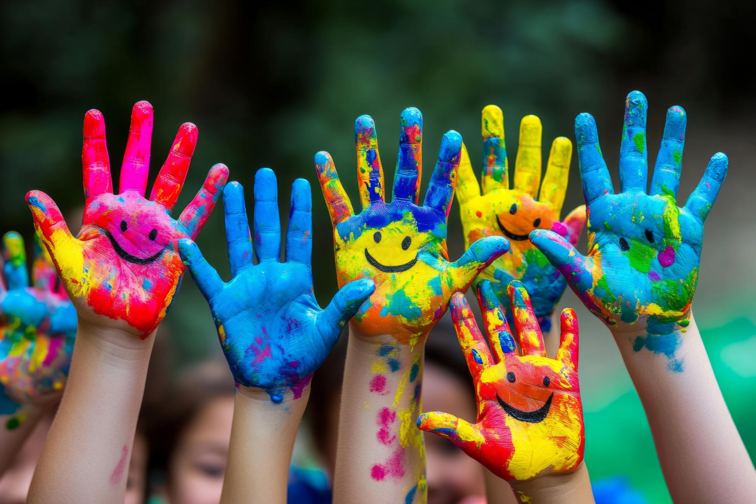 Mains d'enfants avec peinture et dessin de visages souriants